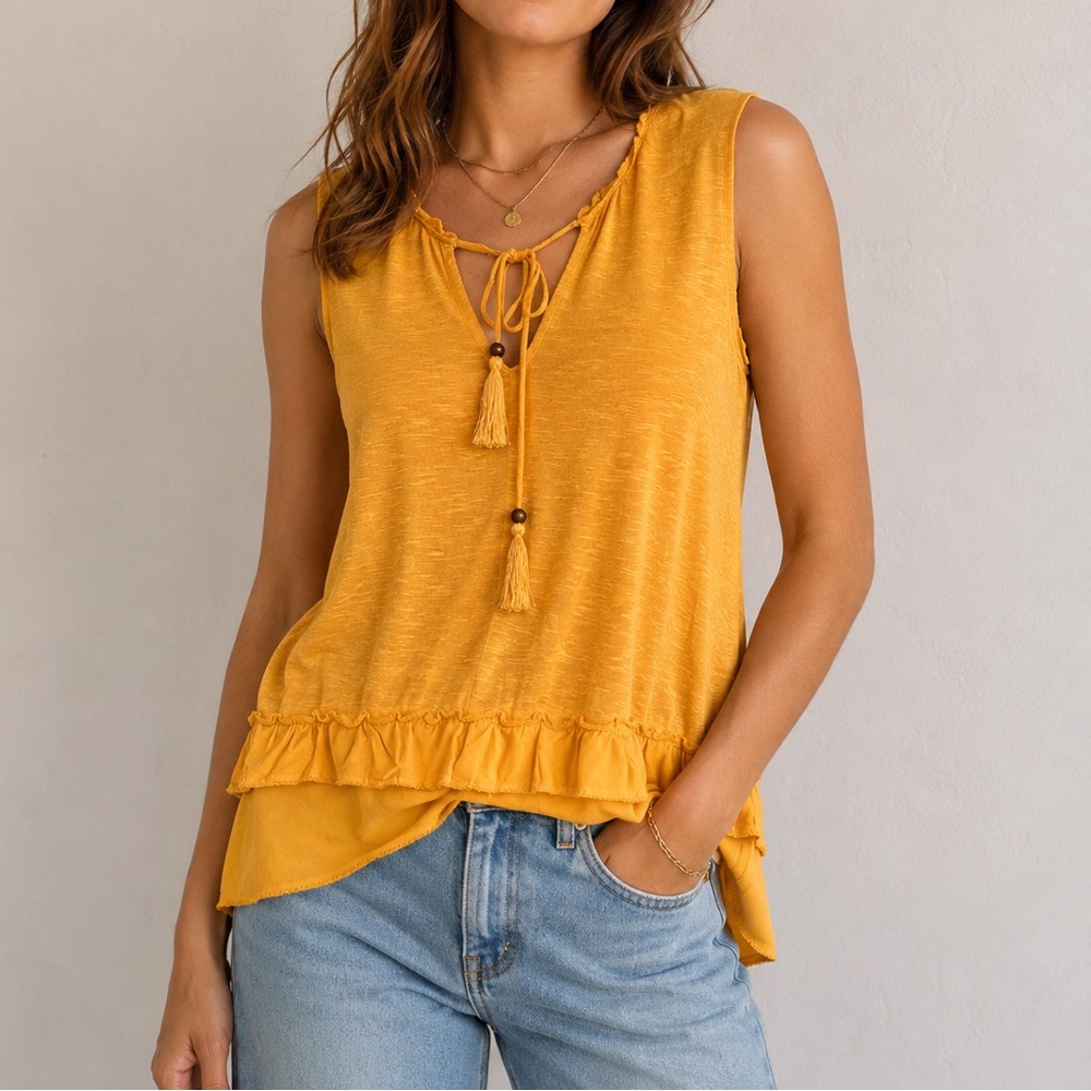 Wit & Wisdom Ruffle Tank Top Blouse Yellow Boho‎ Small